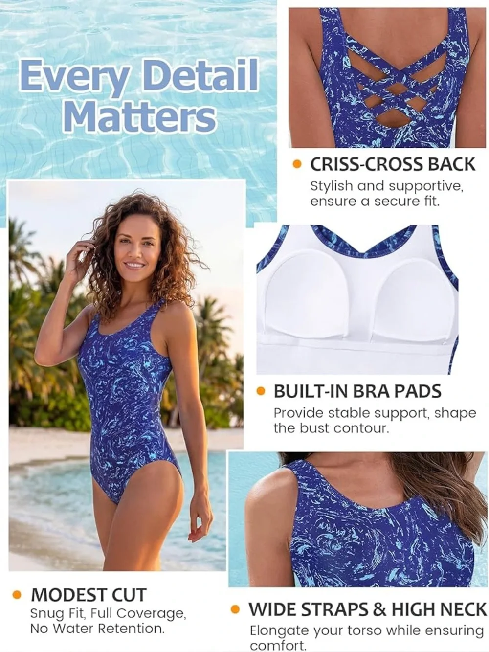 Blue Marble One-Piece Swimsuit Crisscross Back Large NWOT - Picture 3 of 13